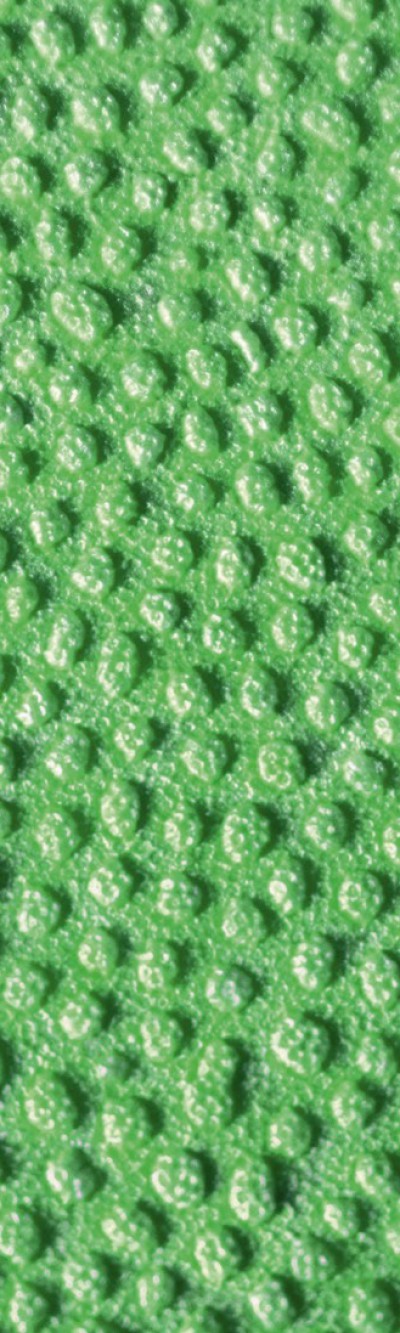 Nahaufnahme von grünem EPP. Das Muster besteht aus eingeprägten, leicht unregelmäßigen Kreisen und Ovalen.